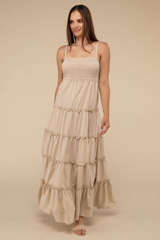 Woven Smocked Top Tiered Cami Maxi Dress by ZENANA | Fleurcouture