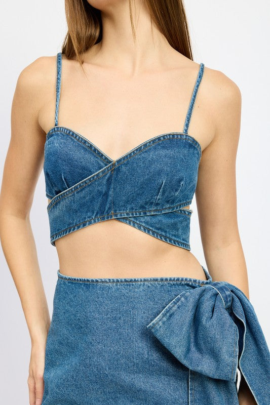 WRAPPED DETAIL DENIM TOP DENIM by Emory Park | Fleurcouture