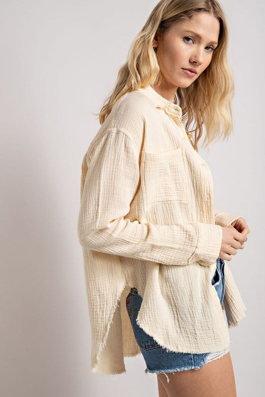 WRINKLED GAUZE BUTTON DOWN SHIRT WITH ROUGH EDGING Cream S by Sweet Generis | Fleurcouture
