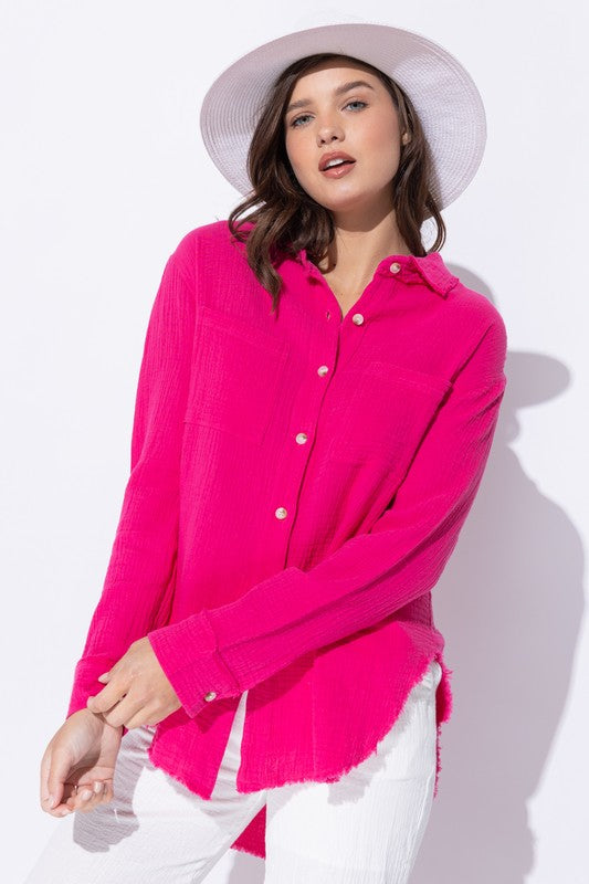 WRINKLED GAUZE BUTTON DOWN SHIRT WITH ROUGH EDGING Fuchsia S by Sweet Generis | Fleurcouture
