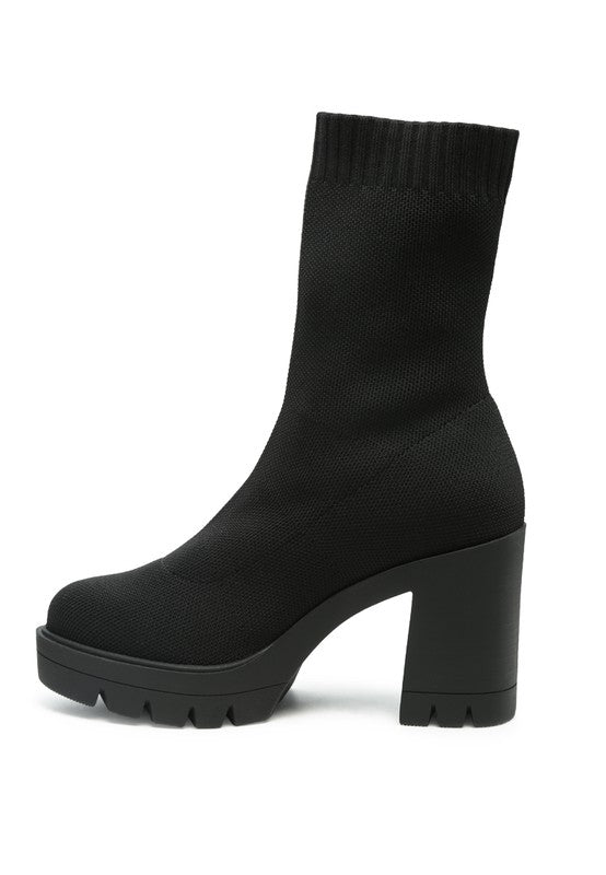 Zinnia Knitted Block Heeled Boots Black by Rag Company | Fleurcouture