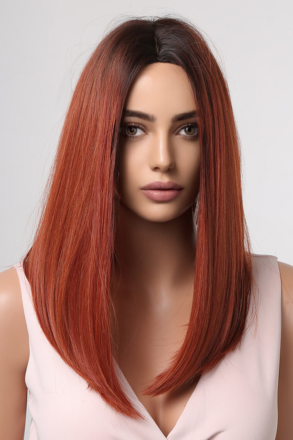13*2" Full-Machine Wigs Synthetic Mid-Length Straight 27" Copper/Brown Root One Size Hair Extensions by Trendsi | Fleurcouture