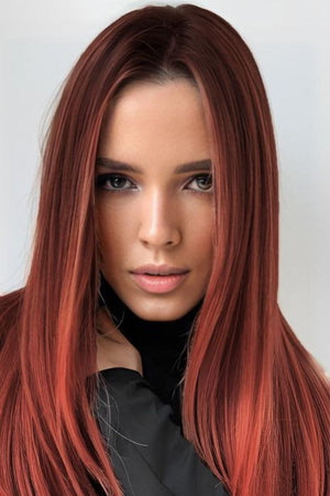 13*2" Full-Machine Wigs Synthetic Mid-Length Straight 27" Copper/Brown Root One Size Hair Extensions by Trendsi | Fleurcouture