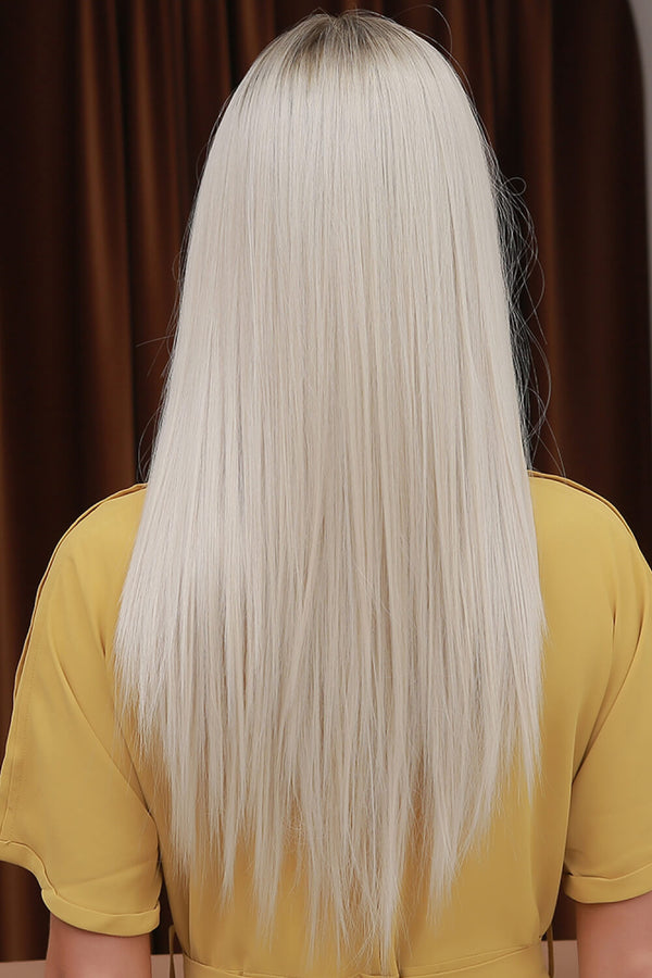 13*2" Lace Front Wigs Synthetic Long Straight 26" Heat Safe 150% Density Blonde/Ash Brown Root One Size Hair Extensions by Trendsi | Fleurcouture