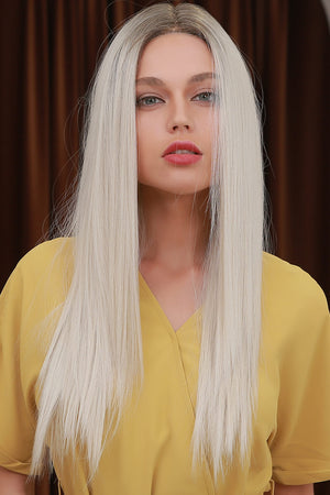 13*2" Lace Front Wigs Synthetic Long Straight 26" Heat Safe 150% Density Blonde/Ash Brown Root One Size Hair Extensions by Trendsi | Fleurcouture