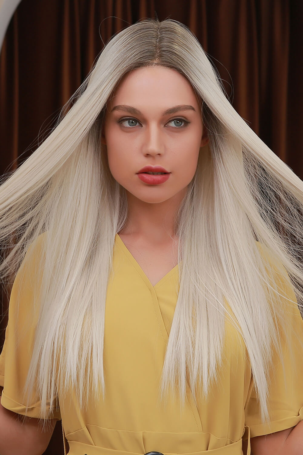 13*2" Lace Front Wigs Synthetic Long Straight 26" Heat Safe 150% Density Blonde/Ash Brown Root One Size Hair Extensions by Trendsi | Fleurcouture