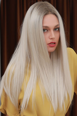 13*2" Lace Front Wigs Synthetic Long Straight 26" Heat Safe 150% Density Blonde/Ash Brown Root One Size Hair Extensions by Trendsi | Fleurcouture