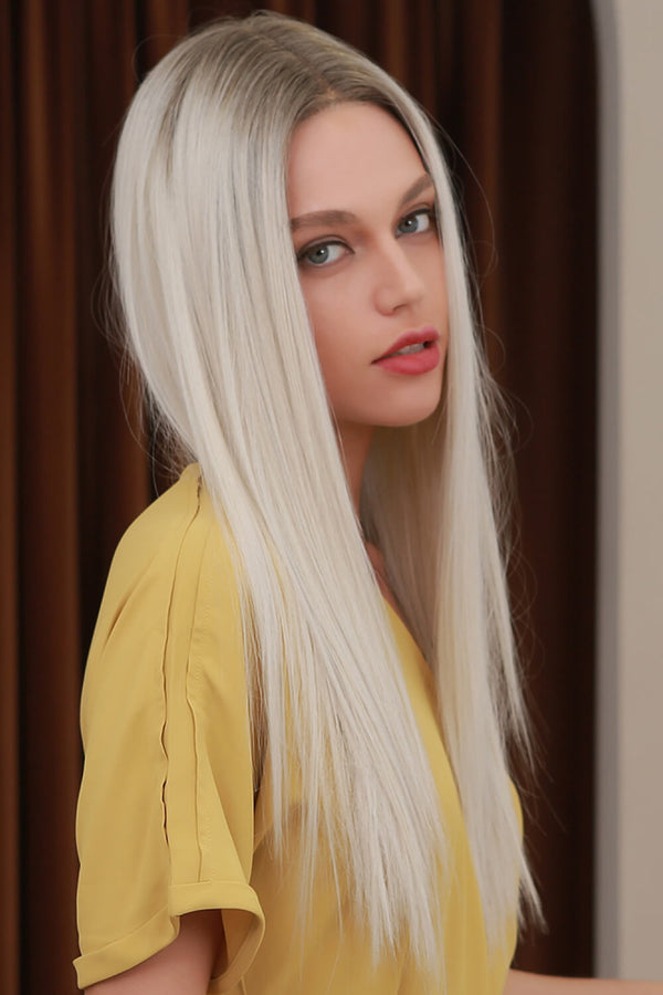 13*2" Lace Front Wigs Synthetic Long Straight 26" Heat Safe 150% Density Blonde/Ash Brown Root One Size Hair Extensions by Trendsi | Fleurcouture