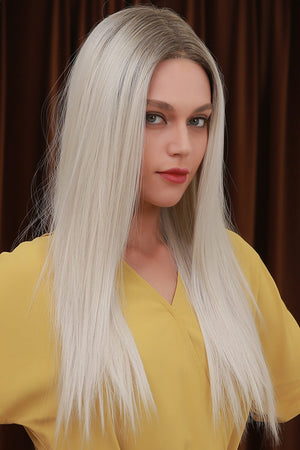 13*2" Lace Front Wigs Synthetic Long Straight 26" Heat Safe 150% Density Blonde/Ash Brown Root One Size Hair Extensions by Trendsi | Fleurcouture