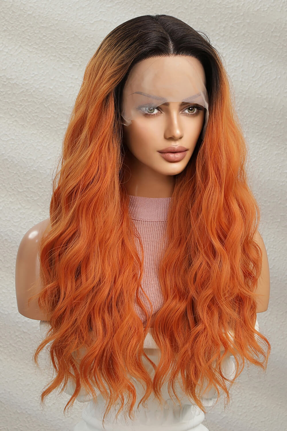 13*2" Lace Front Wigs Synthetic Long Wave 24" 150% Density Ginger/Brunette Root One Size Hair Extensions by Trendsi | Fleurcouture