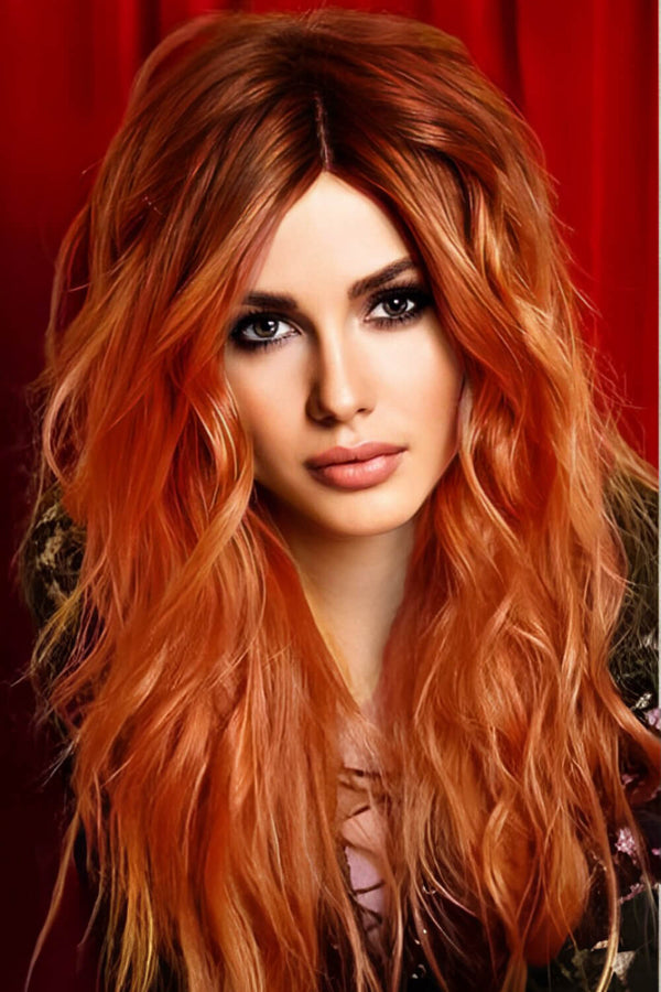 13*2" Lace Front Wigs Synthetic Long Wave 24" 150% Density Ginger/Brunette Root One Size Hair Extensions by Trendsi | Fleurcouture