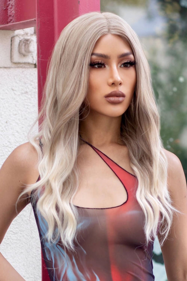 13*2" Lace Front Wigs Synthetic Long Wave 24" 150% Density in Medium Blonde Highlights Medium Blonde Highlights One Size wigs by Trendsi | Fleurcouture