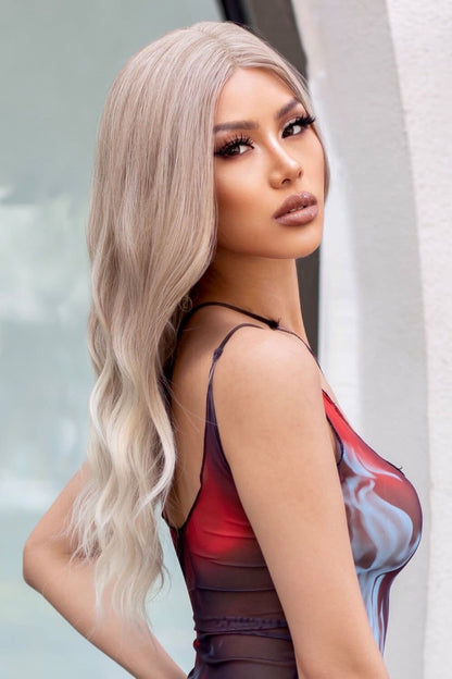 13*2&quot; Lace Front Wigs Synthetic Long Wave 24&quot; 150% Density in Medium Blonde Highlights Medium Blonde Highlights One Size wigs by Trendsi | Fleurcouture