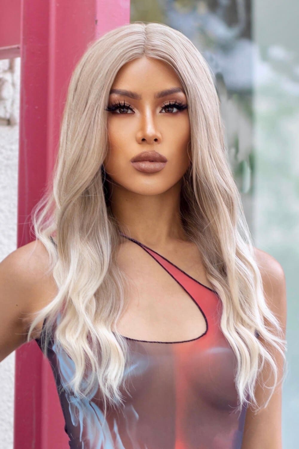 13*2&quot; Lace Front Wigs Synthetic Long Wave 24&quot; 150% Density in Medium Blonde Highlights Medium Blonde Highlights One Size wigs by Trendsi | Fleurcouture