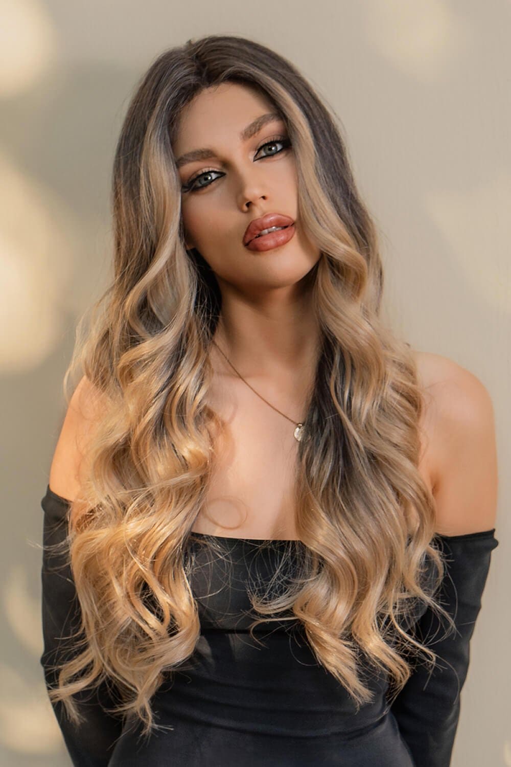 13*2&quot; Lace Front Wigs Synthetic Long Wave 26&quot; 150% Density Brown/Caramel Balayage One Size wigs by Trendsi | Fleurcouture