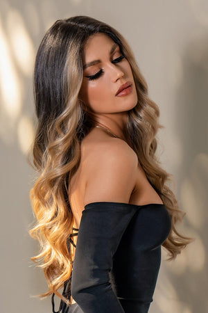 13*2" Lace Front Wigs Synthetic Long Wave 26" 150% Density Brown/Caramel Balayage One Size wigs by Trendsi | Fleurcouture