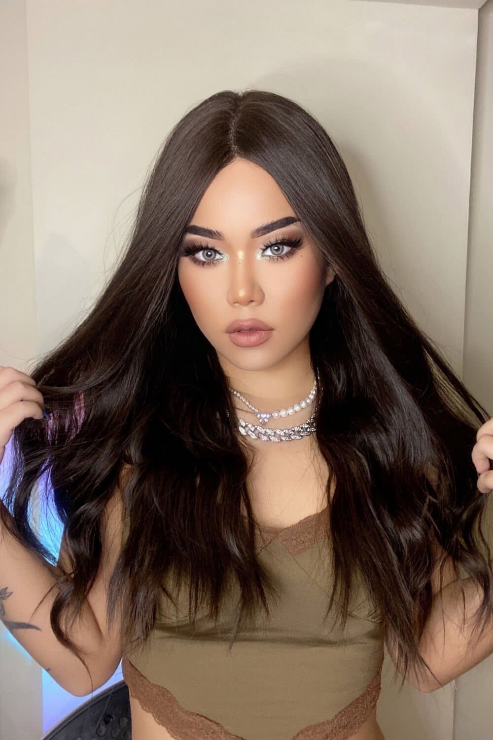 13*2" Lace Front Wigs Synthetic Long Wave 26" Heat Safe 150% Density in Brown Brown One Size wigs by Trendsi | Fleurcouture