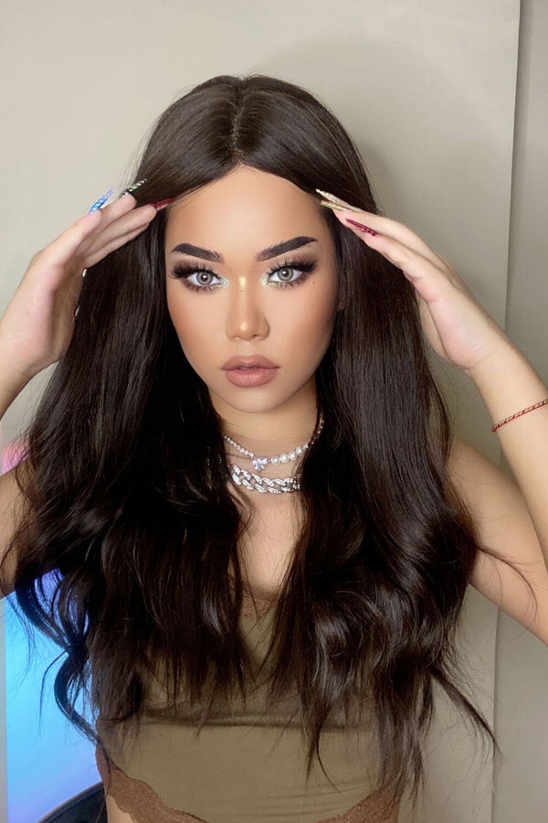 13*2" Lace Front Wigs Synthetic Long Wave 26" Heat Safe 150% Density in Brown Brown One Size wigs by Trendsi | Fleurcouture