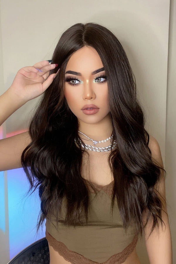 13*2" Lace Front Wigs Synthetic Long Wave 26" Heat Safe 150% Density in Brown Brown One Size wigs by Trendsi | Fleurcouture