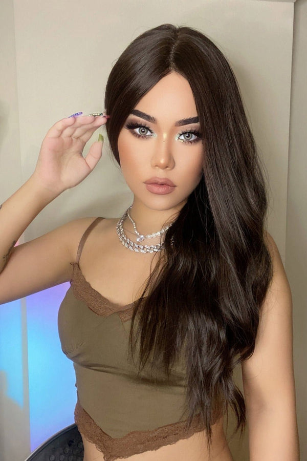 13*2" Lace Front Wigs Synthetic Long Wave 26" Heat Safe 150% Density in Brown Brown One Size wigs by Trendsi | Fleurcouture