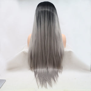 13*3" Lace Front Wigs Synthetic Long Straight 24" 130% Density Black/Grey One Size Accessories/Headwear by Trendsi | Fleurcouture