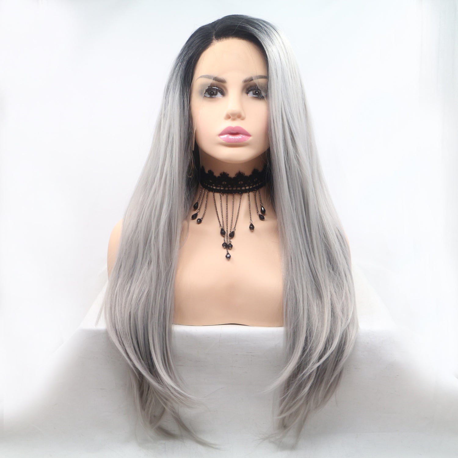 13*3&quot; Lace Front Wigs Synthetic Long Straight 24&quot; 130% Density Black/Grey One Size Hair Extensions by Trendsi | Fleurcouture