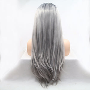 13*3" Lace Front Wigs Synthetic Long Straight 24" 130% Density Black/Grey One Size Hair Extensions by Trendsi | Fleurcouture