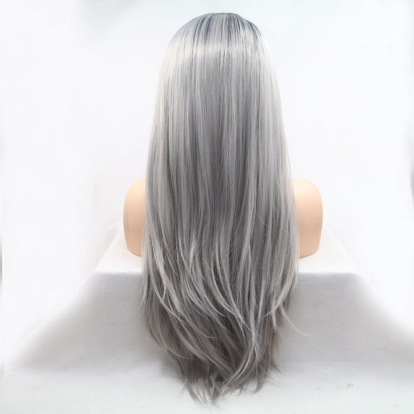 13*3" Lace Front Wigs Synthetic Long Straight 24" 130% Density Black/Grey One Size Hair Extensions by Trendsi | Fleurcouture