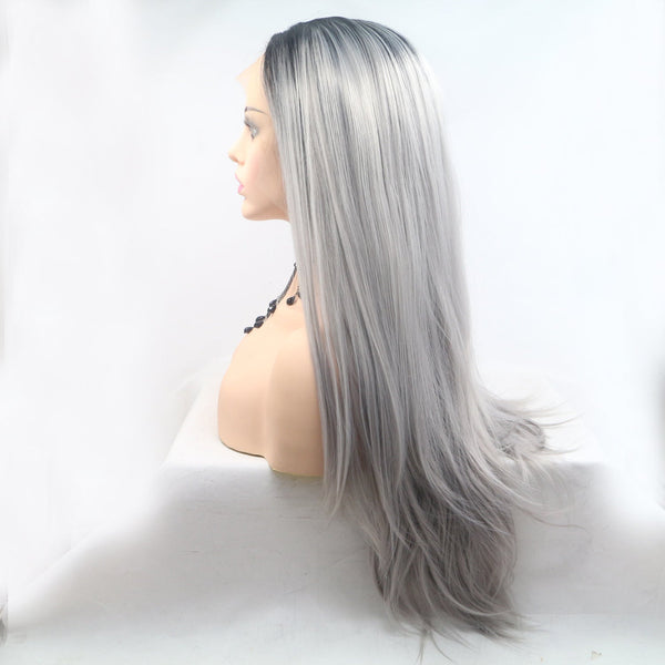 13*3" Lace Front Wigs Synthetic Long Straight 24" 130% Density Black/Grey One Size Hair Extensions by Trendsi | Fleurcouture