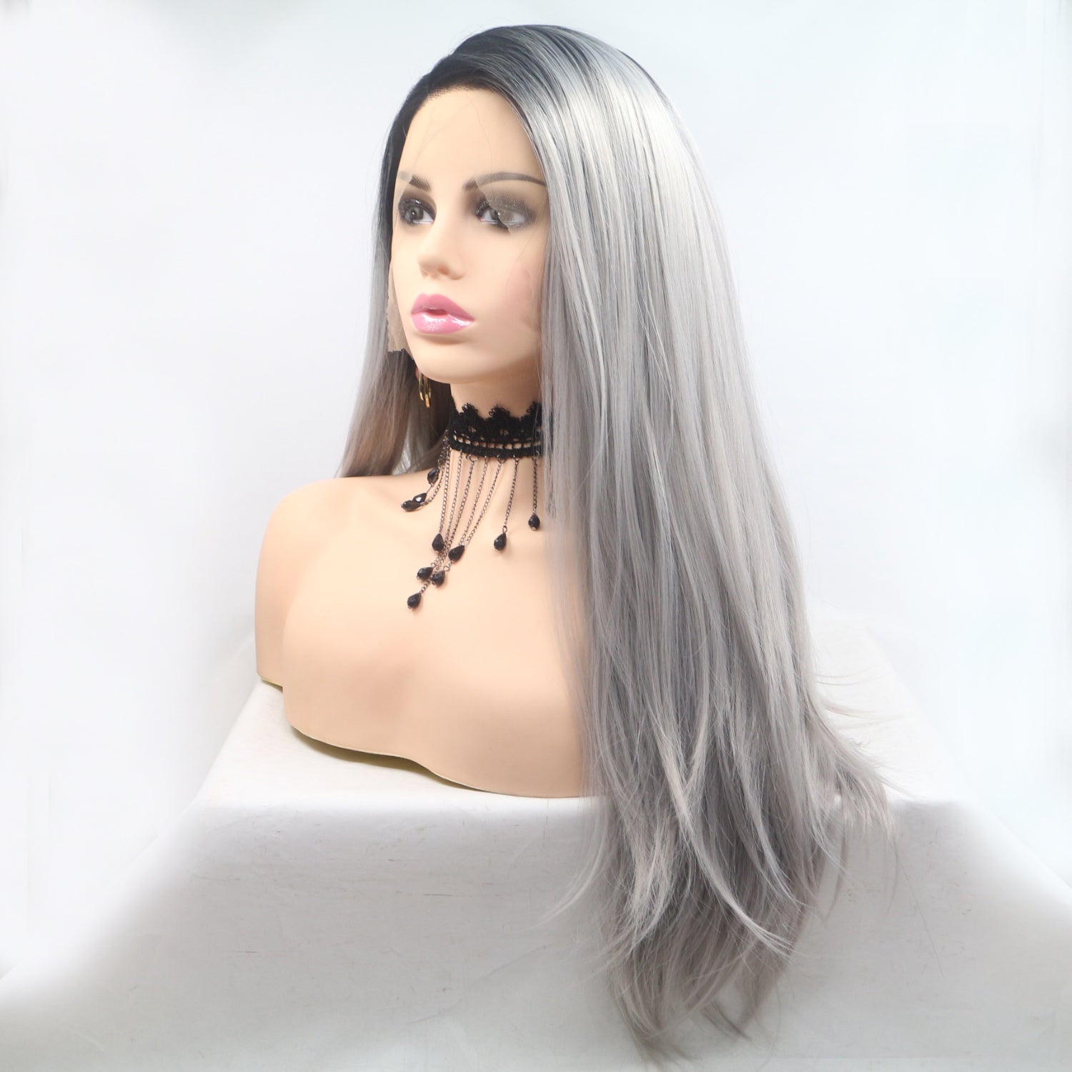 13*3&quot; Lace Front Wigs Synthetic Long Straight 24&quot; 130% Density Black/Grey One Size Hair Extensions by Trendsi | Fleurcouture