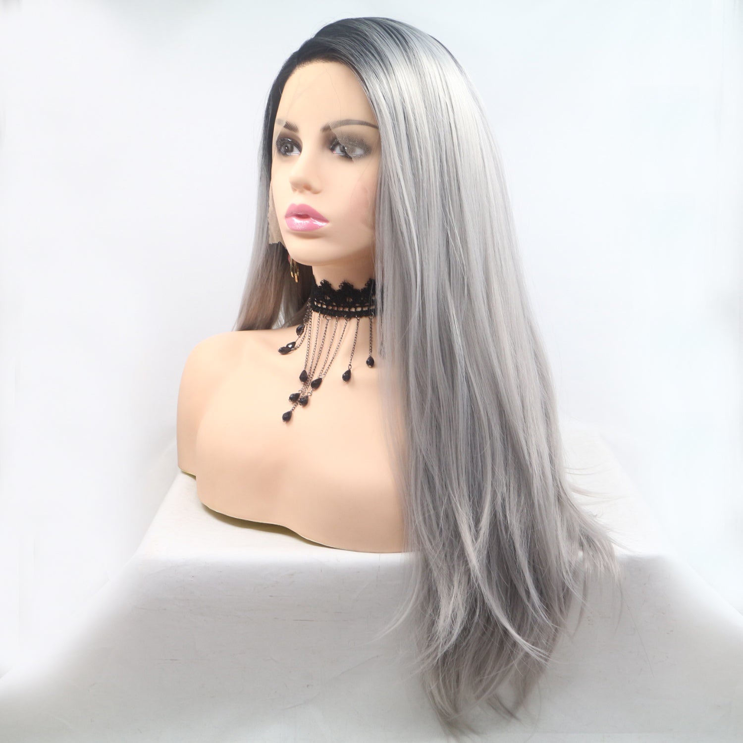 13*3" Lace Front Wigs Synthetic Long Straight 24" 130% Density Black/Grey One Size Hair Extensions by Trendsi | Fleurcouture