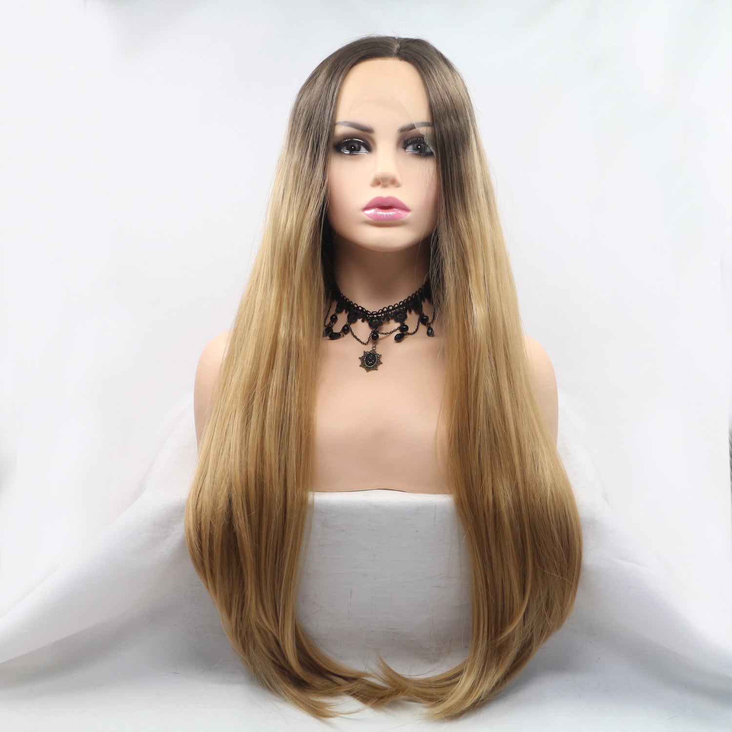 13*3&quot; Lace Front Wigs Synthetic Long Straight 24&quot; 130% Density Brown/Khaki One Size Hair Extensions by Trendsi | Fleurcouture