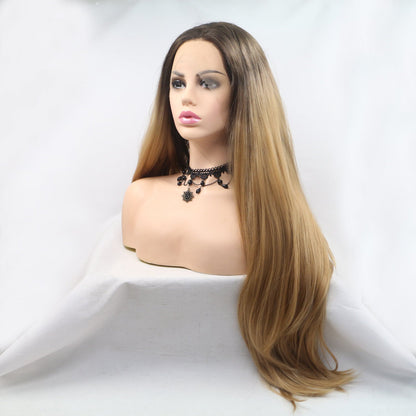 13*3&quot; Lace Front Wigs Synthetic Long Straight 24&quot; 130% Density Brown/Khaki One Size Hair Extensions by Trendsi | Fleurcouture