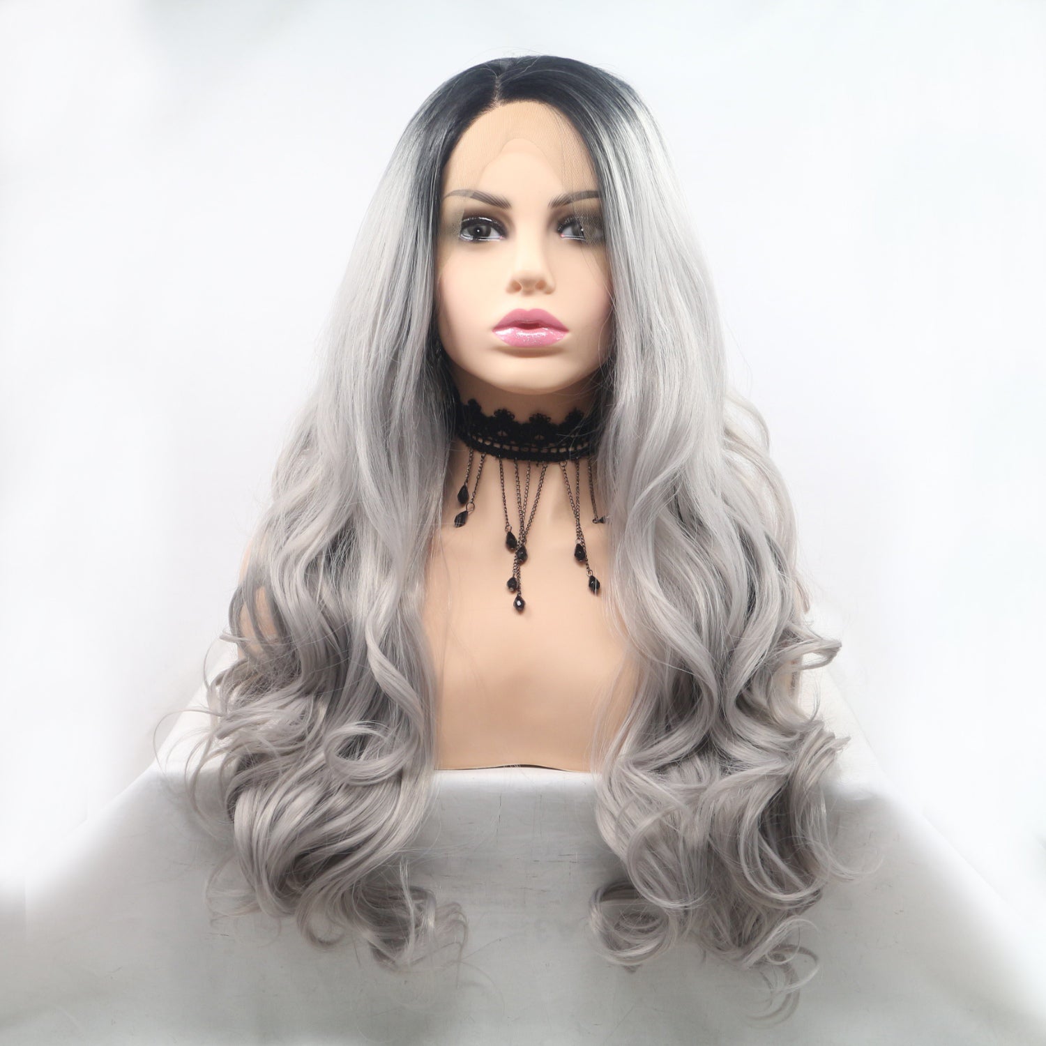 13*3&quot; Lace Front Wigs Synthetic Long Wavy 24&quot; 130% Density Black/Grey One Size Hair Extensions by Trendsi | Fleurcouture