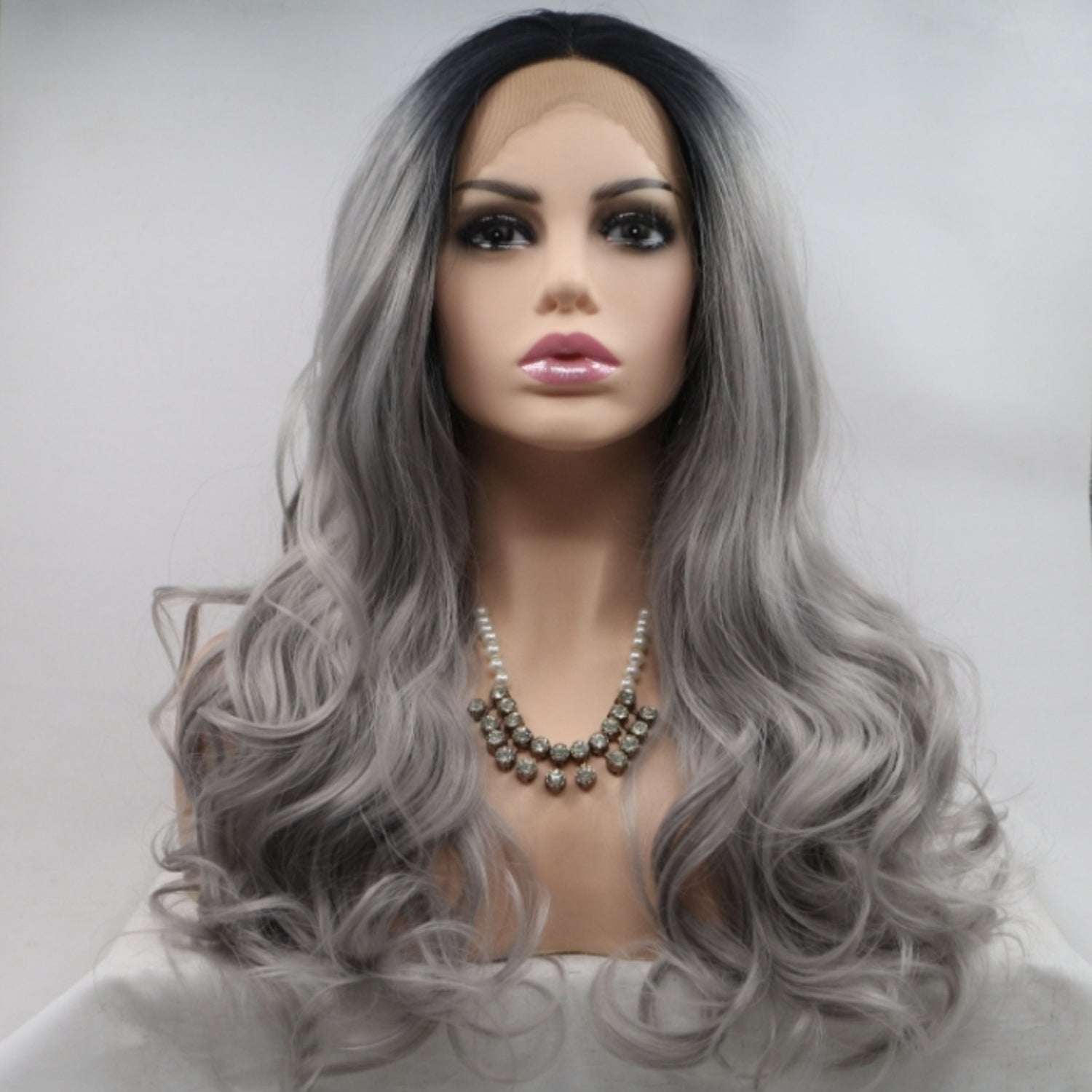 13*3&quot; Lace Front Wigs Synthetic Long Wavy 24&quot; 130% Density Black/Grey One Size Hair Extensions by Trendsi | Fleurcouture