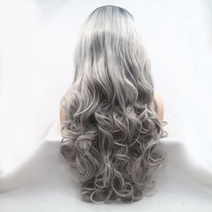 13*3" Lace Front Wigs Synthetic Long Wavy 24" 130% Density Black/Grey One Size Hair Extensions by Trendsi | Fleurcouture