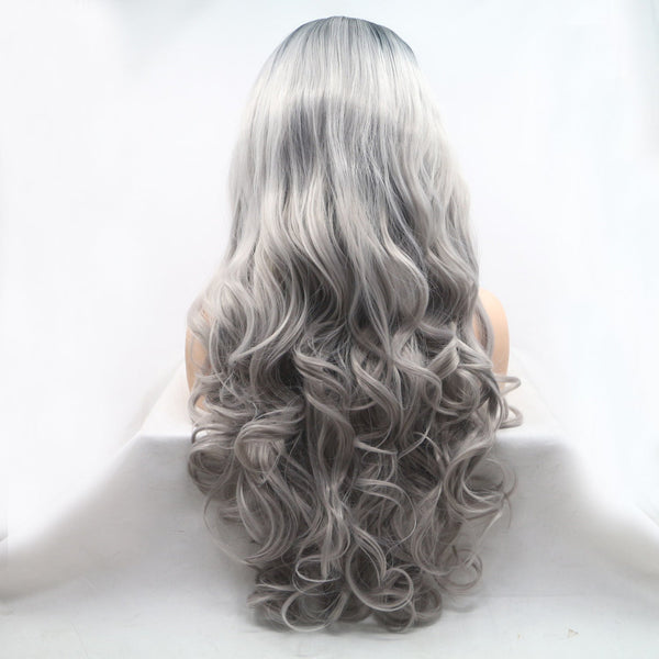 13*3" Lace Front Wigs Synthetic Long Wavy 24" 130% Density Black/Grey One Size Hair Extensions by Trendsi | Fleurcouture