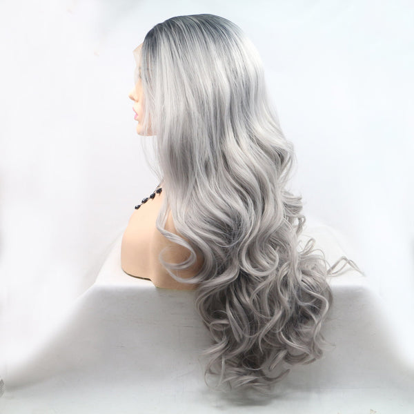 13*3" Lace Front Wigs Synthetic Long Wavy 24" 130% Density Black/Grey One Size Hair Extensions by Trendsi | Fleurcouture