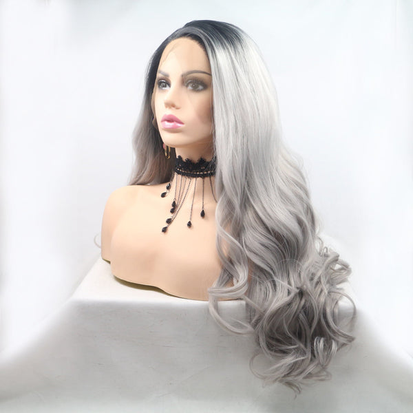 13*3" Lace Front Wigs Synthetic Long Wavy 24" 130% Density Black/Grey One Size Hair Extensions by Trendsi | Fleurcouture