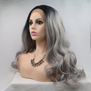 13*3" Lace Front Wigs Synthetic Long Wavy 24" 130% Density Black/Grey One Size Hair Extensions by Trendsi | Fleurcouture