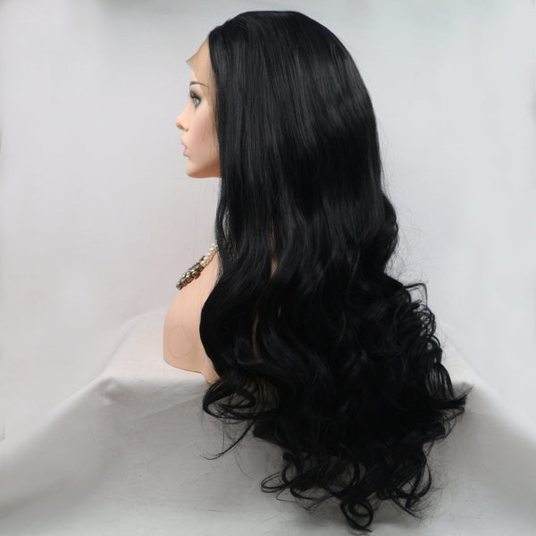13*3" Lace Front Wigs Synthetic Long Wavy 24" 130% Density Black One Size Hair Extensions by Trendsi | Fleurcouture