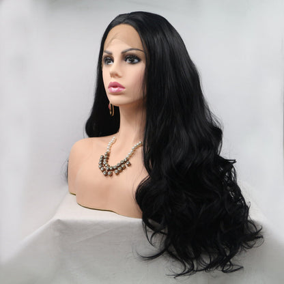 13*3&quot; Lace Front Wigs Synthetic Long Wavy 24&quot; 130% Density Black One Size Hair Extensions by Trendsi | Fleurcouture