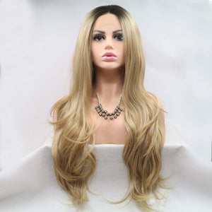 13*3" Lace Front Wigs Synthetic Long Wavy 24" 130% Density Brown/Khaki One Size by Trendsi | Fleurcouture