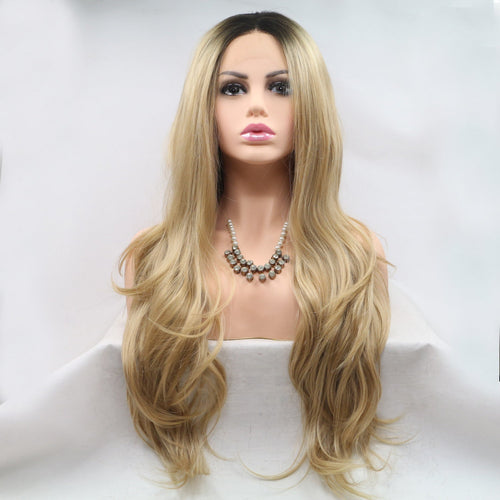 13*3" Lace Front Wigs Synthetic Long Wavy 24" 130% Density Brown/Khaki One Size by Trendsi | Fleurcouture