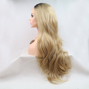 13*3" Lace Front Wigs Synthetic Long Wavy 24" 130% Density Brown/Khaki One Size by Trendsi | Fleurcouture