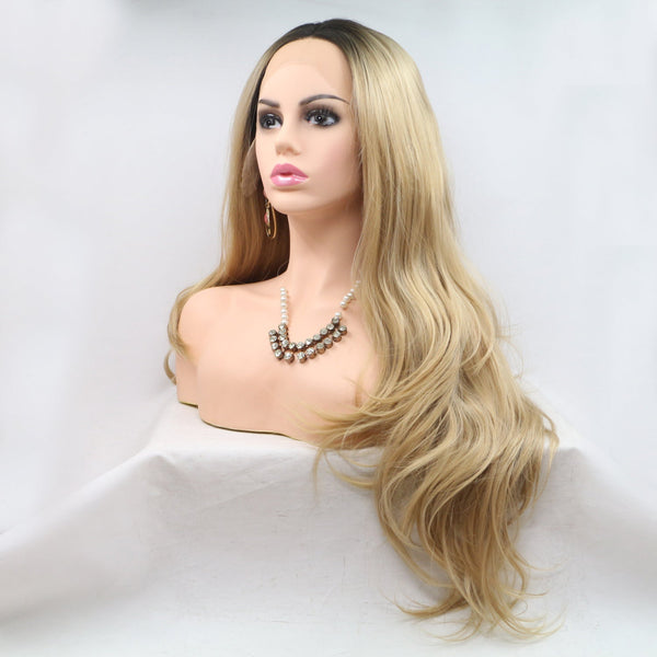 13*3" Lace Front Wigs Synthetic Long Wavy 24" 130% Density Brown/Khaki One Size by Trendsi | Fleurcouture