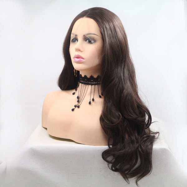 13*3" Lace Front Wigs Synthetic Long Wavy 24" 130% Density Brown One Size by Trendsi | Fleurcouture