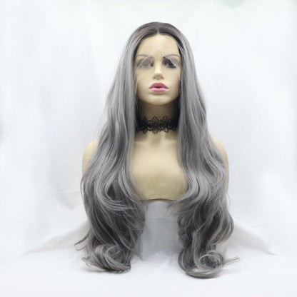 13*3&quot; Lace Front Wigs Synthetic Long Wavy 24&quot; 130% Density Grey One Size Hair Extensions by Trendsi | Fleurcouture