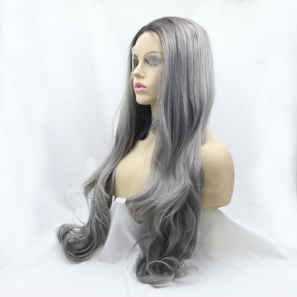13*3" Lace Front Wigs Synthetic Long Wavy 24" 130% Density Grey One Size Hair Extensions by Trendsi | Fleurcouture