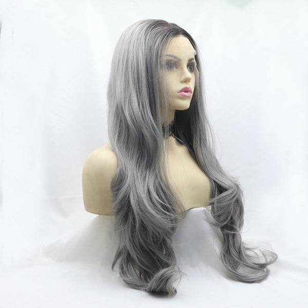 13*3" Lace Front Wigs Synthetic Long Wavy 24" 130% Density Grey One Size Hair Extensions by Trendsi | Fleurcouture